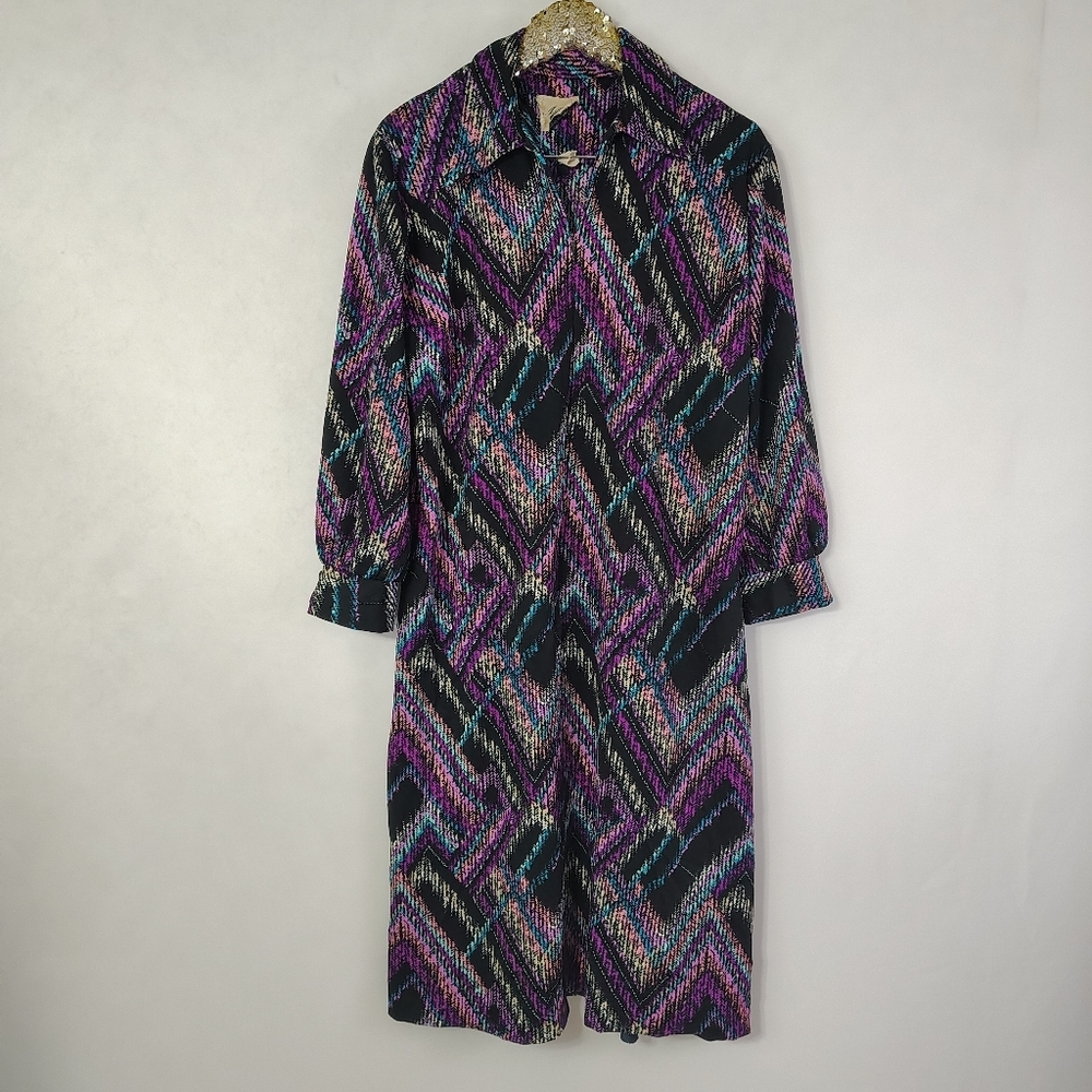 Vintage 60s Mixe Modes Womens Colorful Plus Size Geometric Midi Dress Psychedeli
